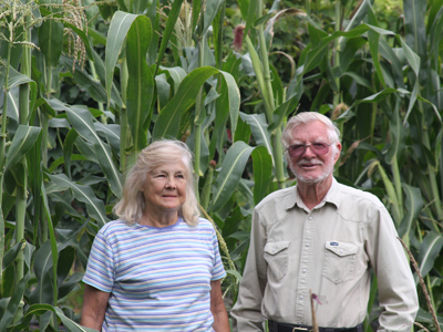 Malcolm with wife, Delphine, by TALL corn he developed at Gardenville