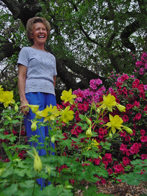 ‘Texas Gold’ Columbine with Azalea background in Mrs. Passmore's yard on March 24, 2007