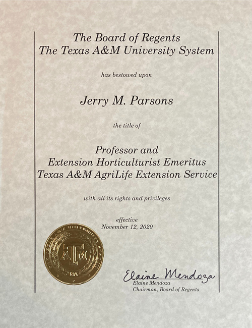 Dr. Jerry M. Parsons, Professor and Texas A&M Extension Specialist Emeritus